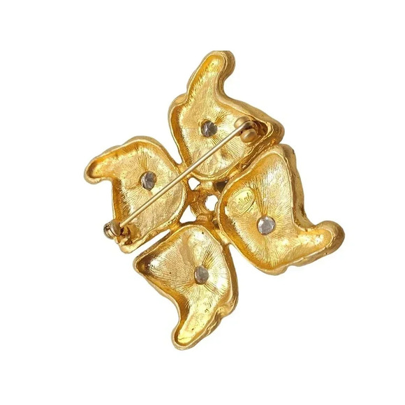 Pallas Rhinestone Four Leaf Flower Brooch Pin Gold Tone Vintage - Picture 3 of 5